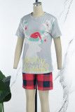 Grey Casual Print Basic O Neck Short Sleeve Two Pieces