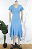 ブルーのエレガントな固体パッチワーク フラウンス U ネック不規則なドレス ドレス