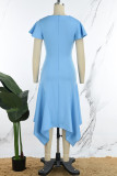 Blå Elegant Solid Patchwork Volanger U-hals Oregelbundna klänningar
