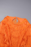 Tangerine Red Sexy Solid Quaste ausgehöhlt Patchwork rückenfrei O-Ausschnitt Langarm Kleider