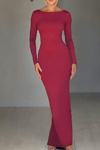 Burgundy Sexy Casual Solid Backless O Neck Long Dress Dresses
