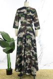 Blue Casual Daily Simplicity Camouflage Print With Belt Printing Maxi Dresses