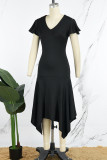 Vestidos de vestido irregular preto elegante sólido patchwork babado com decote em U
