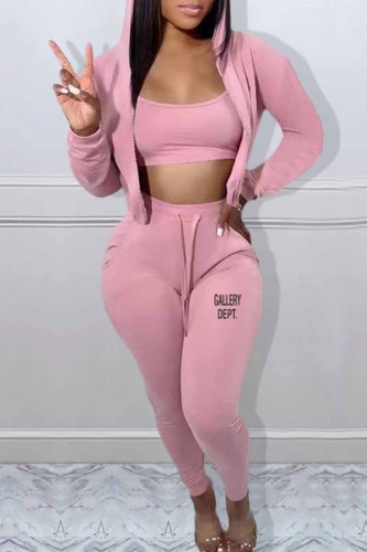 Pink Casual Print Letter Hooded Collar Long Sleeve Three Pieces