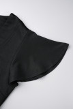 Zwarte elegante effen patchwork volant U-hals onregelmatige jurkjurken
