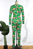 Groene elegante print patchwork knopen O-hals skinny jumpsuits