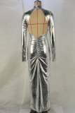 Серебряные элегантные однотонные лоскутные длинные платья с водолазкой и открытой спиной