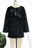 Svarta eleganta solida paljetter Patchwork O-hals raka klänningar