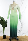 Green Sexy Gradual Change Bandage Hollowed Out Patchwork U Neck Long Dress Dresses