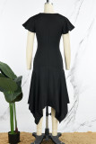 Schwarze, elegante, einfarbige, unregelmäßige Kleider mit Patchwork-Volant und U-Ausschnitt