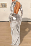 Silbernes, elegantes, solides, rückenfreies Patchwork-Kleid mit Rollkragen und langen Kleidern