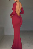 Burgundy Sexy Casual Solid Backless O Neck Long Dress Dresses