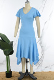 Blauwe elegante effen patchwork volant U-hals onregelmatige jurkjurken
