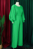 Grünes, elegantes, einfarbiges Patchwork-Plissee-O-Ausschnitt-Zweiteiler in Übergröße