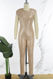Champagne Casual Patchwork Sequins O Neck Skinny Jumpsuits