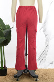 Rojo mandarina Casual parches lisos bolsillo suelto cintura alta pierna ancha pantalones de color sólido