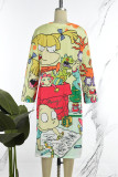 Light Yellow Casual Cartoon Print Basic V Neck Long Sleeve Dresses