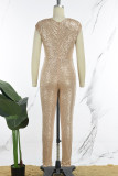 Champagne Casual Patchwork Paljetter O Neck Skinny Jumpsuits
