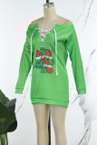 Grasgrüne, lässige, bedruckte, Patchwork-Kreuzträger-Kleider mit asymmetrischem Kragen und geradem Schnitt