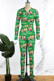 Groene elegante print patchwork knopen O-hals skinny jumpsuits