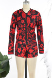 Red Casual Print Patchwork Zipper O Neck Long Sleeve Two Pieces