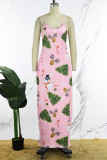 Robe longue rose à bretelles spaghetti imprimée décontractée rose