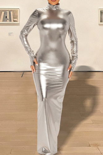 Silver Elegant Solid Patchwork Backless Turtleneck långa klänningar