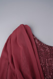 Rode casual skinny jumpsuits met patchwork-pailletten en rugloze schuine kraag