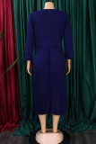 Темно-синие элегантные однотонные лоскутные платья с плиссированным поясом и круглым вырезом