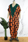 Orange Casual dagliga blandade tryck slits utskrift kontrast v-hals klänningar