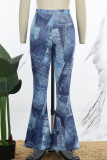 Calça casual azul estampada básica regular cintura alta convencional estampa completa