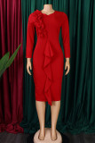 Robes décontractées à manches longues à col rond et patchwork rouge