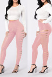 Pink Casual Solid Hollowed Out Patchwork Skinny High Waist Pencil Solid Color Bottoms