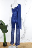 Blue Casual Patchwork Sequins Backless Oblique Collar Skinny Jumpsuits