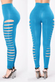 Lake Blue Casual Solid Hollowed Out Patchwork Skinny High Waist Pencil Solid Color Bottoms