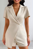 Cream White Casual Solid Patchwork Turn-back Collar Regular Rompers