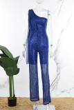 Blue Casual Patchwork Sequins Backless Oblique Collar Skinny Jumpsuits