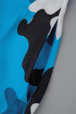 Impressão de camuflagem de simplicidade diária casual azul com cinto que imprime vestidos maxi
