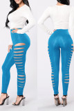 Lake Blue Casual Solid Hollowed Out Patchwork Skinny High Waist Pencil Solid Color Bottoms