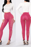 Deep Pink Casual Solid Hollowed Out Patchwork Skinny High Waist Pencil Solid Color Bottoms