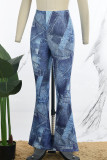 Pantalones casuales estampados básicos regulares de cintura alta estampado completo convencional azul