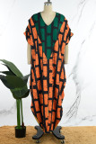 Oranje casual dagelijkse gemengde print split print contrasterende V-hals jurken
