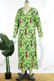 Green Casual Cartoon Print Basic V Neck Long Sleeve Dresses