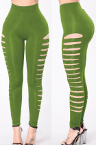 Зеленый Повседневный однотонный с вырезами в стиле пэчворк Узкие однотонные брюки-карандаш с высокой талией