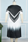 Zwarte casual print Basic O-hals jurk met korte mouwen Grote maten jurken