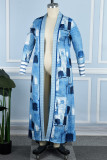 Blue Casual Print Cardigan Plus Size Overcoat