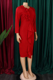 Robes décontractées à manches longues à col rond et patchwork rouge