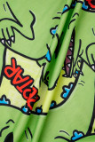 Vestidos de manga larga con cuello en V básicos con estampado de dibujos animados casual verde
