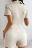Cream White Casual Solid Patchwork Turn-back Collar Regular Rompers