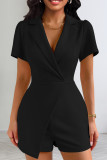 Black Casual Solid Patchwork Turn-back Collar Regular Rompers